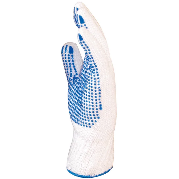 Kötött PES/pamut fehér férfi kesztyű tenyerén kék pöttyökkel