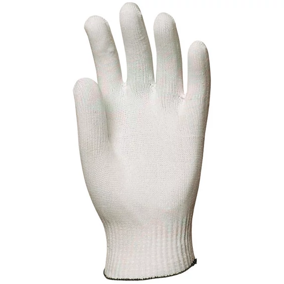 Kötött, fehér poliamid kesztyű, rugalmas, öt szálas, női