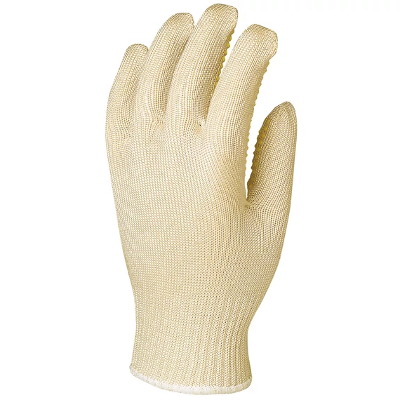 Kötött vékony, sárga pöttyös, fehér abralon/nylon kesztyű