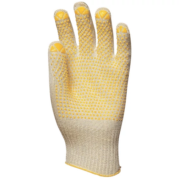 Kötött vékony, sárga pöttyös, fehér abralon/nylon kesztyű