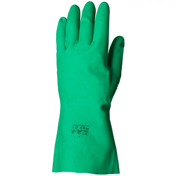 Nitril zöld vegyszerálló kesztyű, 32cm/0,4mm, érdesített